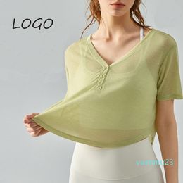 Tenues de yoga al logo Yoga blouse T-shirt femme col en V bouton été léger blazer ample course minceur vêtements de fitness