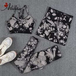 ATHVOTAR 1/2/3 Pcs Gym Set pour Femmes Tie Dyeing Yoga Set Seamless Suits Peach Fesses Gym Sets Womens Outfits Push Up Pants 230820