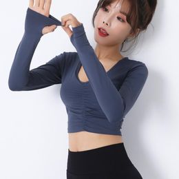 Trajes de yoga BINAND V-cuello Top Mujeres Acolchado Fitness Manga larga Sexy Gym Shirt Tight Sports Crop Slim Running Training