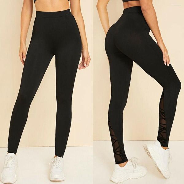 Trajes de yoga Pantalones de mujer casuales Lápiz flaco Cintura alta Estiramiento Slim Sólido Jegging Pantalones para correr Pantalones de encaje Patchwork Leggings