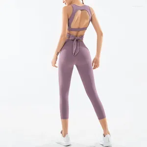 Tenues de yoga Colorvalue 2 pièces sans manches à séchage rapide ensemble vêtements d'entraînement sans dos croisé pour femmes ceinture d'arc bandage vêtements de fitness
