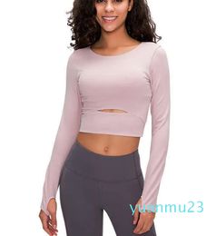 Yoga-outfits met lange mouwen Tops, verwijderbare borstpad, dames fitnessshirt, gymkleding, hardloopduimgaten, sport