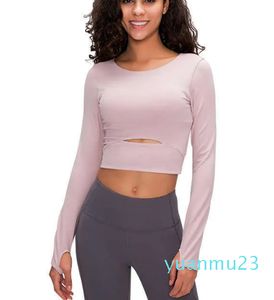 Tenues de yoga Hauts à manches longues Coussin de poitrine amovible Femmes Fitness Chemise Vêtements de sport Courir Trous de pouce Sports