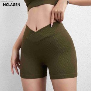 Yoga-outfits NClagen Sports Short for Women High Elastic V-Waist Crossoveryoga Leggings Peach Hip Lift Slank Fit lopende gymfietsshorts Y240410