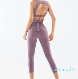 Yoga-outfits Stukken Mouwloos Sneldrogend Set Cross-backless trainingskleding voor dames Strikriem Bandage Fitnesskleding