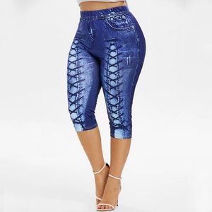 Trajes de yoga Tallas grandes Mujeres Yoga Leggings cortos Faux Denim Ladies Pantalones cortos Floral Impreso Cintura alta Pantalones cortos femeninos 230705