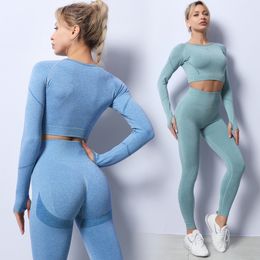 Yoga Tenues SEACHESS SEACHESS SPORTSWEAR YOGA Set Gym Vêtements Tracks Cost Long Crop Top High Waist Leggings For Fitness Sports Contrue courte 230817