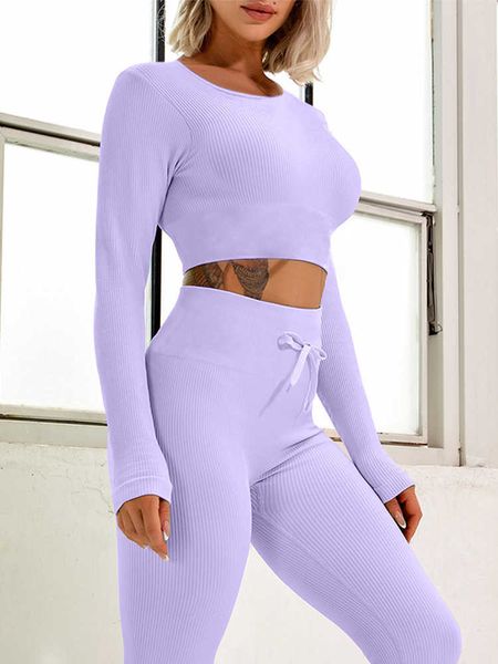 Tenues de yoga sans couture vêtements de yoga femmes survêtement ensemble de sport côtelé fitness costume à manches longues haut cordon leggings gym entraînement vêtements de sport AA230509