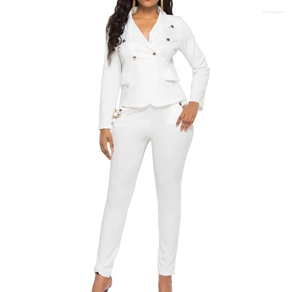 Yoga Tenues Sfit Femmes Deux Pièces À Manches Longues Couleur Unie Casual Costume D'affaires Bureau Professionnel Sexy Dames Profonde V Ensemble Blanc