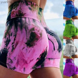 Trajes de yoga de gimnasia corta Mujer pantalones cortos de yoga Tie Dye Entrenamiento Fitness Costeros Costeros Mujeres Mujeres Ropa femenina de alta cintura Push Up Sports Y240410