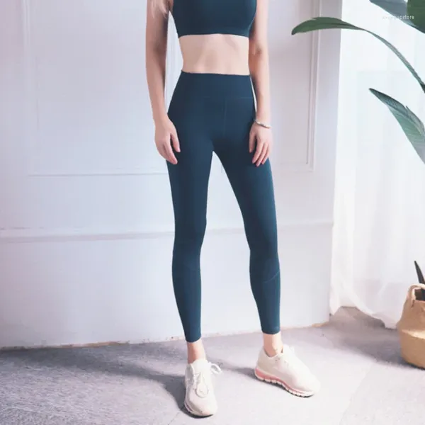 Trajes de yoga Pantalones de tacto desnudo suave Leggings de fitness atléticos Costuras de brocado de doble cara Mujeres Elástico Cintura alta Gimnasio Medias deportivas