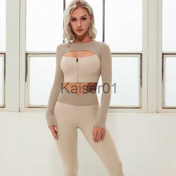 Trajes de yoga Traje deportivo Mujer Push-up yoga actividad vestido Mujer 2023 Lycra traje de entrenamiento físico Manga larga crop top apretado gimnasio traje Caqui x0724