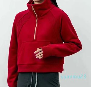 Tenues de yoga Femmes Fitness Sweats à capuche Veste de course Dames Sport Demi-Zip Sweat-shirt épais Lâche Manteau de style court avec trou de pouce en polaire