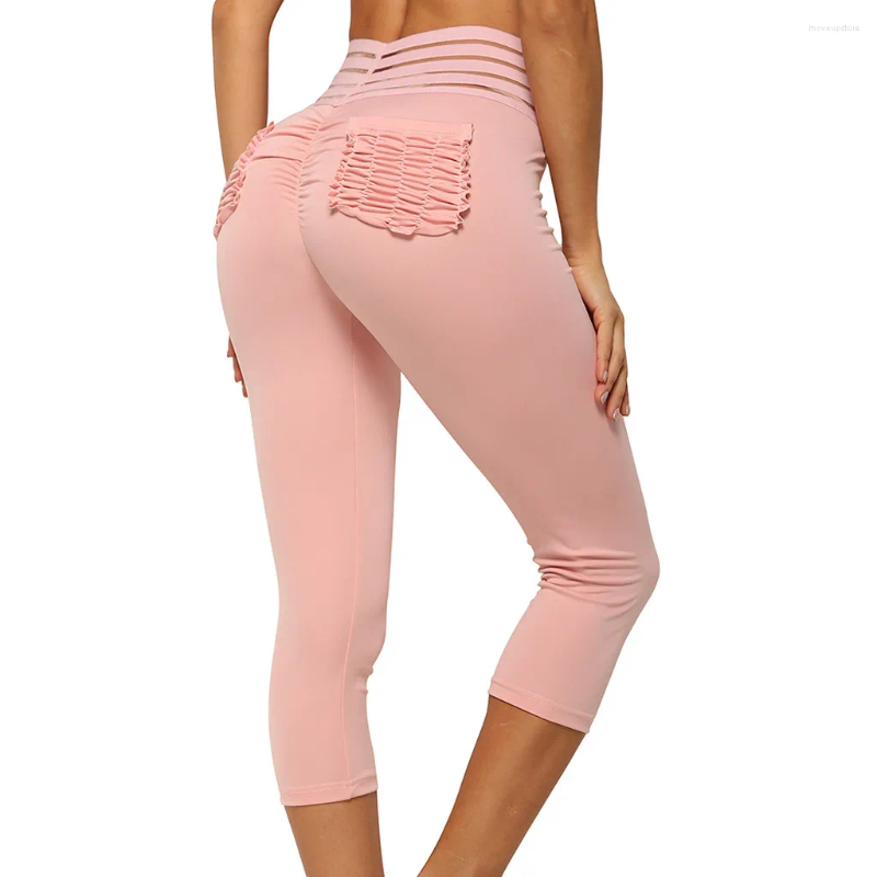 Roupas de yoga femininas casuais plissadas bolso costura hip sete pontos leggings calzas deportivas mujer fitness 2023