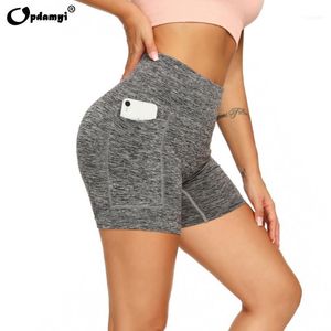 Trajes de yoga Pantalones cortos de deportes de cintura alta de las mujeres Entrenamiento en funcionamiento Fitness Leggings apretados femeninos de gimnasio sin costura con bolsillo más tamaño