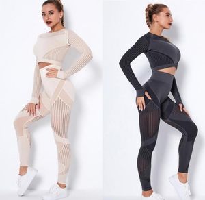 Yoga-outfits workout-sets voor dames 2-delige naadloze outfit trainingspak hoge taille leggings en crop-top gymkleding set1578517