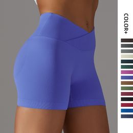 Yogabroek gebreide ademende vaste kleur kruis taille perzik heup yoga shorts running fitness derde dames broek