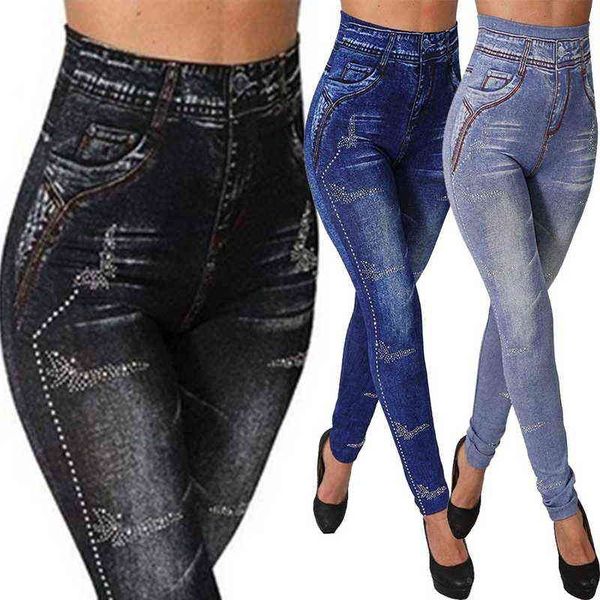 Pantalons de yoga Leggings sans couture Jeans pour femmes taille haute Skinny Push Up pantalon crayon grande taille S-3XL pantalon extensible Slim Rivet H1221