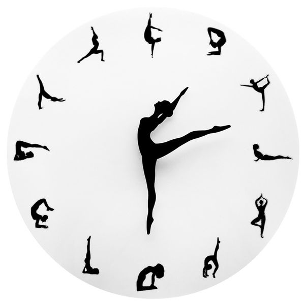 Posturas de yoga reloj de pared gimnasio fitness flexible flexible reloj moderno moderno decoración del hogar Meditation Studio Relájate Y200110