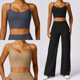 Ensemble de Yoga, pantalon droit à jambes larges, gilet de yoga à dos fileté, séchage rapide, veste de fitness, taille haute, pantalon décontracté