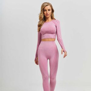 Yoga Set Dames Fitnsports Suits Gym Kleding Lange Mouwen Crop Top Shirts Hoge Taille Running SeamLlegings Werkbroek X0629