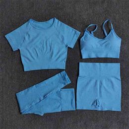 Yoga Set Workout Naadloze Dames Sportkleding Gym Kleding Sportpakken Fitness Korte Mouw Crop Top Hoge Taille Running Leggings 210802