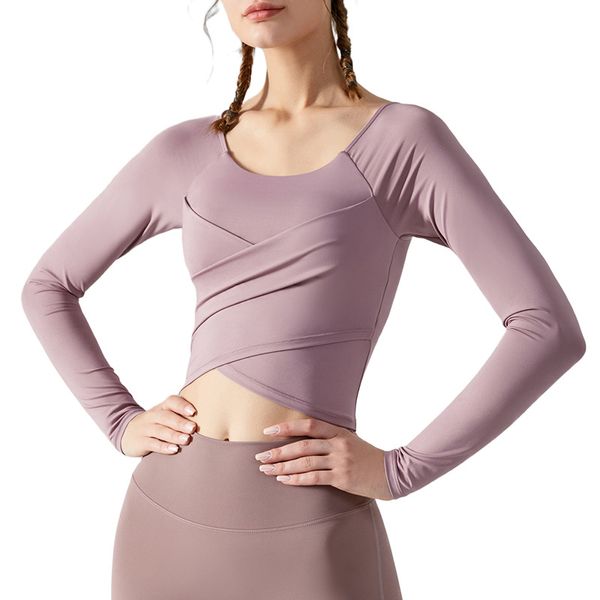Yoga Tops À Manches Longues T-shirt Automne Hiver Croix Plissée Designer Fitness Wear Femmes Mince Sport Top Amovible Poitrine Pad