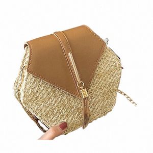 Yogodlns Hexag Paille Sac épaule Femme Sac Souc-Rattan Sac à la main Bohemia Bolsa Feminina Chaîne Crossbody Bag T2XW #