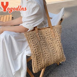 Yogodlns été évider sac de paille femmes grande capacité sac à bandoulière à la main tissage fourre-tout sac voyage sac de plage pochette de shopping