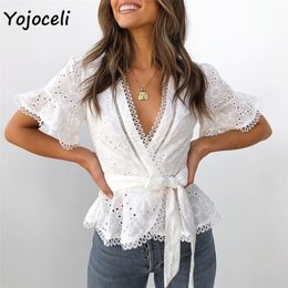 Yojoceli katoen borduurwerk kanten blouses shirt vrouwen ruche boog blusas vrouwelijk boho blouses 210308