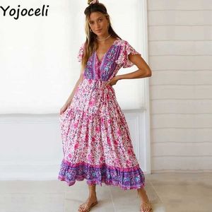 Yojoceli elegante boho print ruche wrap dres zomer sexy v nek strand lange casual coole boheemse maxi vestidos 210609