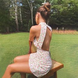 Yojoceli elegante bloemenprint backles strandjurk zomer casual coole korte jurk sexy mini schattige halterjurken 220516