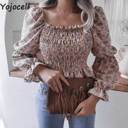 Yojoceli élégant imprimé floral à volants femmes blouse de plage décontracté cool sexy froncé fitness femme tops quotidiens blusas 210609