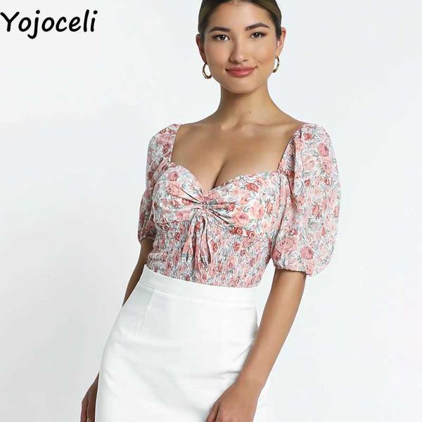 Yojoceli elegante nudo estampado corto cultivo top verano playa casual fresco tops blusas dulce vintage mujer ropa blusa 210609