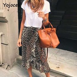 Yojoceli elegante luipaard print gegolfde rok vrouwen asymmetrische vrouwelijke satijn party club buste bodem 210609