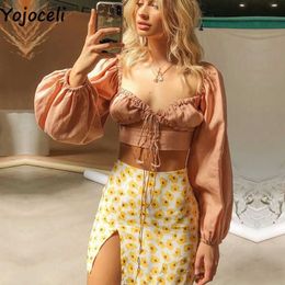 Yojoceli Lace Up Lantern Sleeve Korte Blouse Dames Herfst Elegant Party Casual Leuke Sexy Crop Top Vrouwelijke Chic Blusas 210609