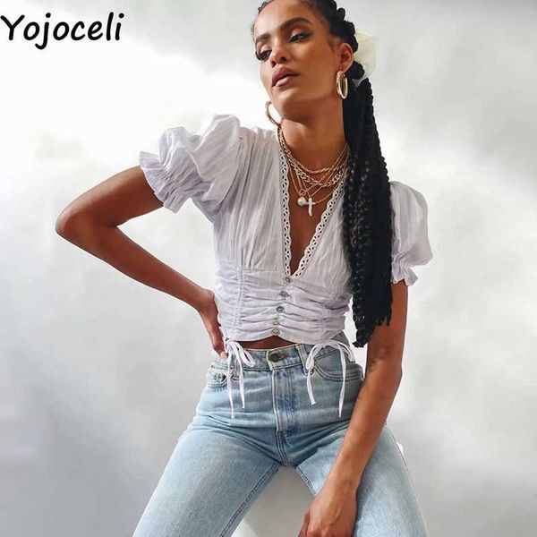 Yojoceli, blusa Sexy de encaje blanco con cuello en v para mujer, blusa corta con estampado de cerezas para verano, informal, bonita playa, tops con volantes diarios para mujer 210609