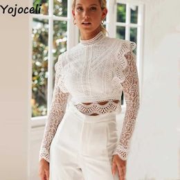 Yojoceli sexy wit kant ruche blouse vrouwen herfst korte elegante casual party vrouwelijke winter basic koele top blusas 210609