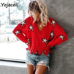 YojoCeli Star Gebreide Sweater V-hals Distressed Pullover Jumper Dames Streetwear Top 210609