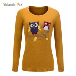 Yolanda paz herfst winter vrouwelijke cartoon uil patroon lange mouwen O-hals gebreide trui hoge kwaliteit vrouwen trui 211011
