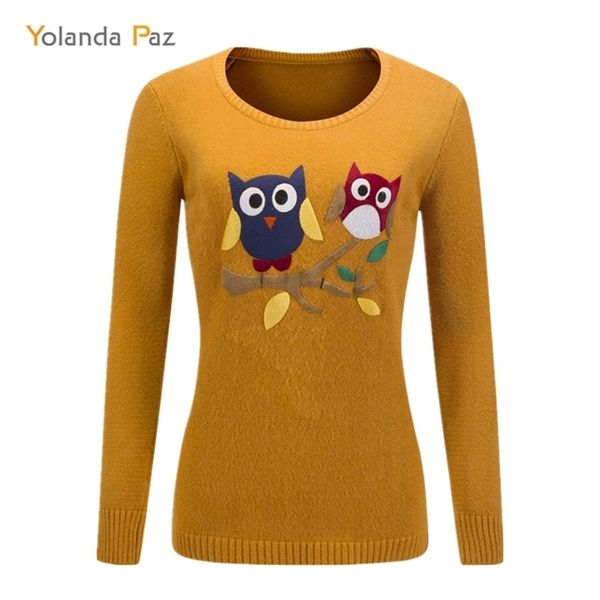 Yolanda Paz Automne Hiver Femme Dessin animé Hibou Modèle Manches longues O-Cou Pull tricoté de haute qualité Femmes Pull 210914