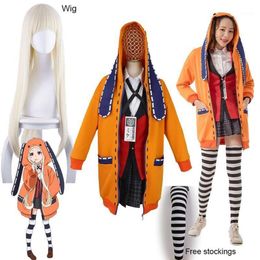 Yomoduki Runa Cosplay Costume Kakegurui Gambler compulsif Runa Cosplay Wig and Orange Hooded Jacket JK Uniforms1266u