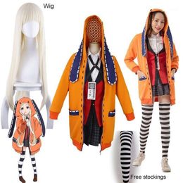 Yomoduki Runa Cosplay Costume Kakegurui Gambler compulsif Runa Cosplay Wig and Orange Hooded Jacket JK Uniforms1245n