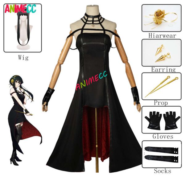 Yor Forger – perruque de Cosplay pour femmes et filles, Costume gothique, col licou, accessoire de robe noire, tenue de fête d'halloween