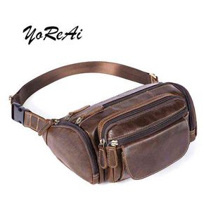 Yorai Men Echte lederen crossbody tas waterdichte reis anti-diefstal taille tas grote capaciteit wandelende mobiele telefoon tas J220705