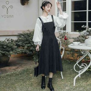 Yosimi 2 stuk outfits lente vrouwen lange mouw lantaarn katoen wit shirt en zwart midden-kalf riem jurk rok set 210604