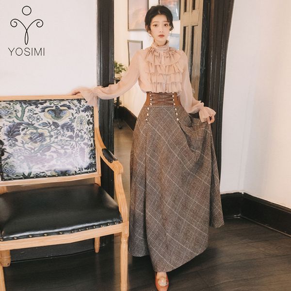 Yosimi 2020 Automne Hiver Blouse à manches longues à manches longues et jupe à carreaux de laine et de dessus de laine costume pour femmes jupe de pull à deux pièces