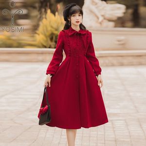 Mélanges de laine pour femmes Yosimi 2021 hiver vin rouge manteau femmes dentelle col mandarin à manches longues mi-mollet vestes en laine vêtements d'automne pour