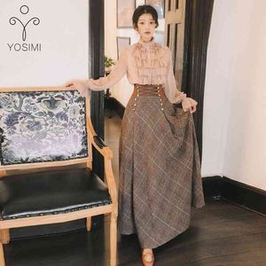 Yosimi herfst winter lange mouw blouse top en wollen plaid rok set pak vrouwen twee stuk outfits trui 210604