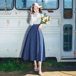 YOSIMI automne hiver Vintage coton longues femmes robe à manches longues femme Vestidos faux deux pièces costume ensemble bleu mince 210604